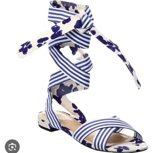 Cabi #6013 Watercolor Tied Up Sandals Shoes Blue White Stripe Floral Size 8 - Picture 1 of 4